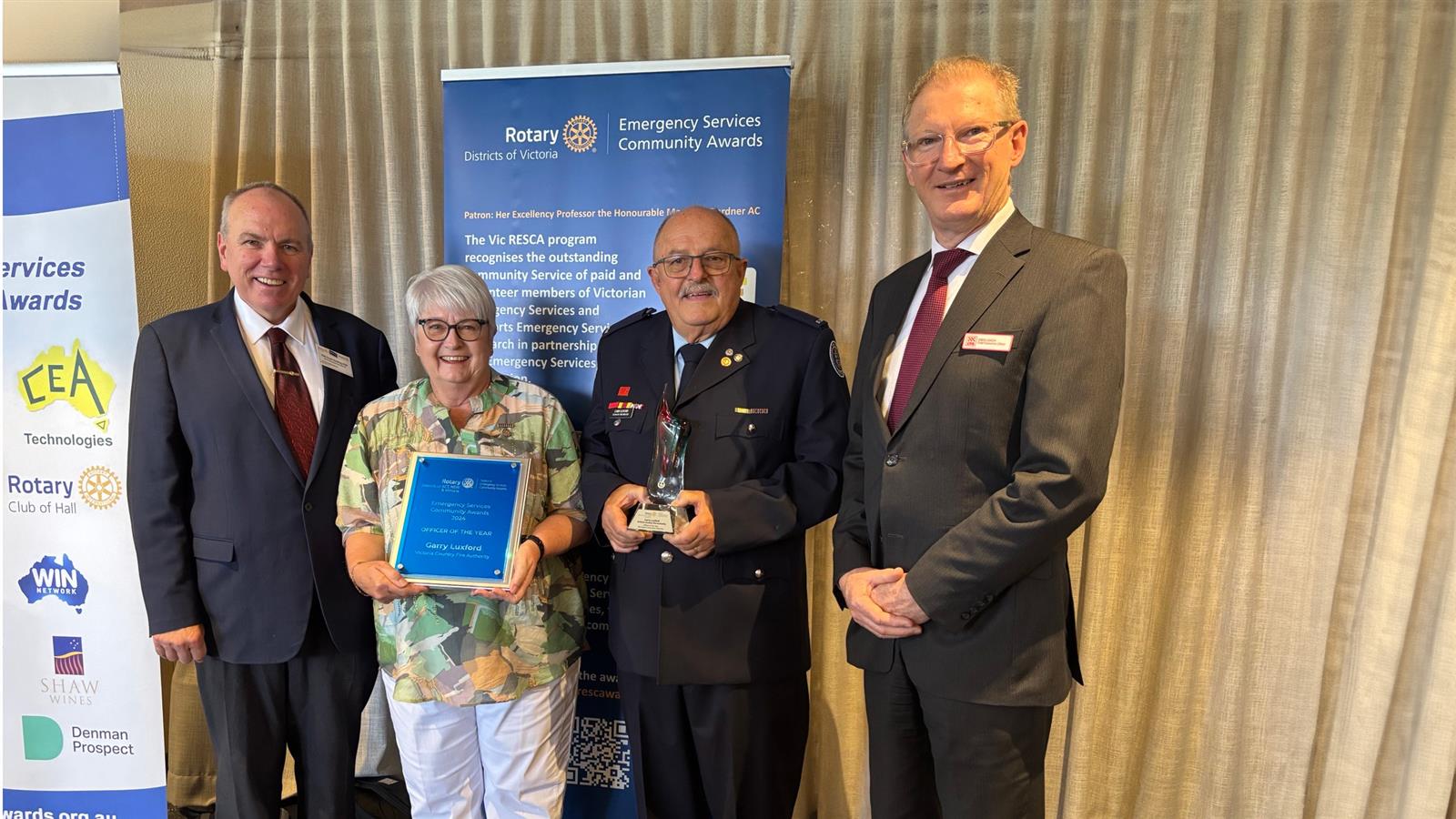 Garry Luxford received the 2024 National RESCA Officer of the year award in the volunteer category (pictured with Rotary District Chair, Grant Hocking, Garry's wife, Kate and CFA CEO Greg Leach)